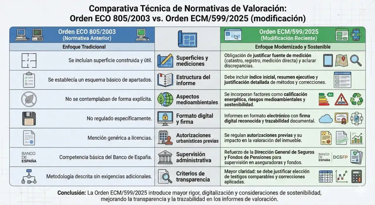 Comparativa de normativas de valoraci&oacute;n de inmuebles: Orden ECO 805/2003 vs. Orden ECM/599/2025. La nueva orden mejora rigor y sostenibilidad.