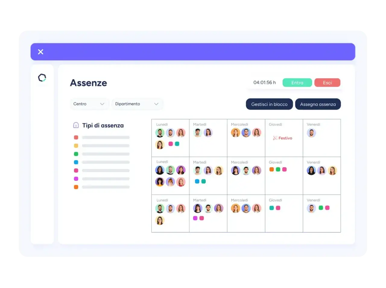 Calendario assenze che mostra le differenze tra ferie e permessi, con icone colorate per ogni tipo di assenza.