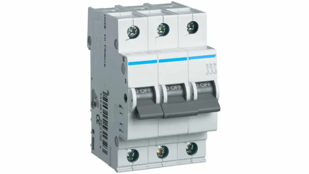 Trójfazowy wyłącznik instalacyjny, chroniący przed porażeniem prądem. Wygląda jak typowy wyłącznik różnicowoprądowy.