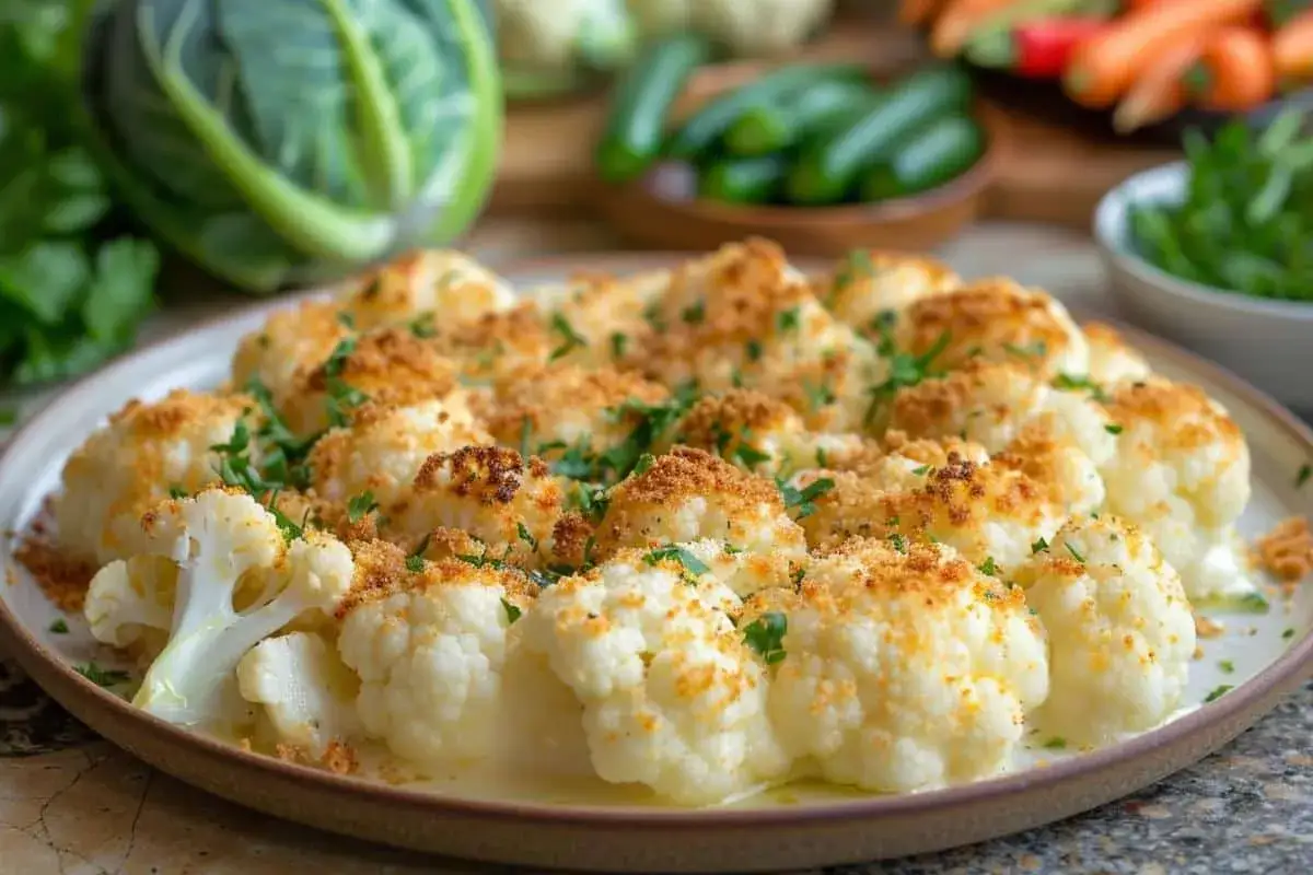 Un délicieux gratin de chou-fleur, parsemé de chapelure dorée et de persil frais, prêt à être dégusté.