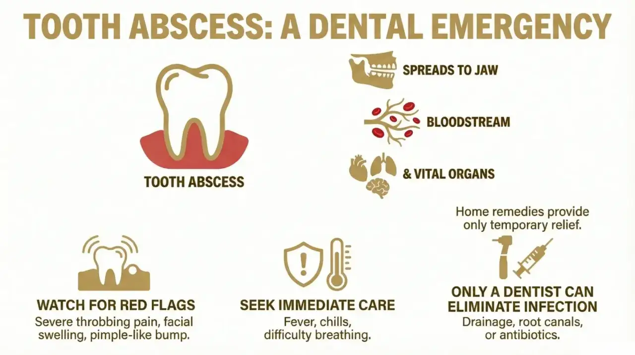 Grafika informuje o ropniu zęba, jego rozprzestrzenianiu się i objawach. Podkreśla konieczność pilnej wizyty u dentysty.