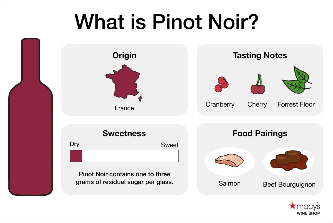 Informacje o winie Pinot Noir: pochodzenie (Francja), nuty smakowe (żurawina, wiśnia, ści&oacute;łka leśna), słodycz (wytrawne) i parowanie z jedzeniem (łosoś, wołowina po burgundzku).