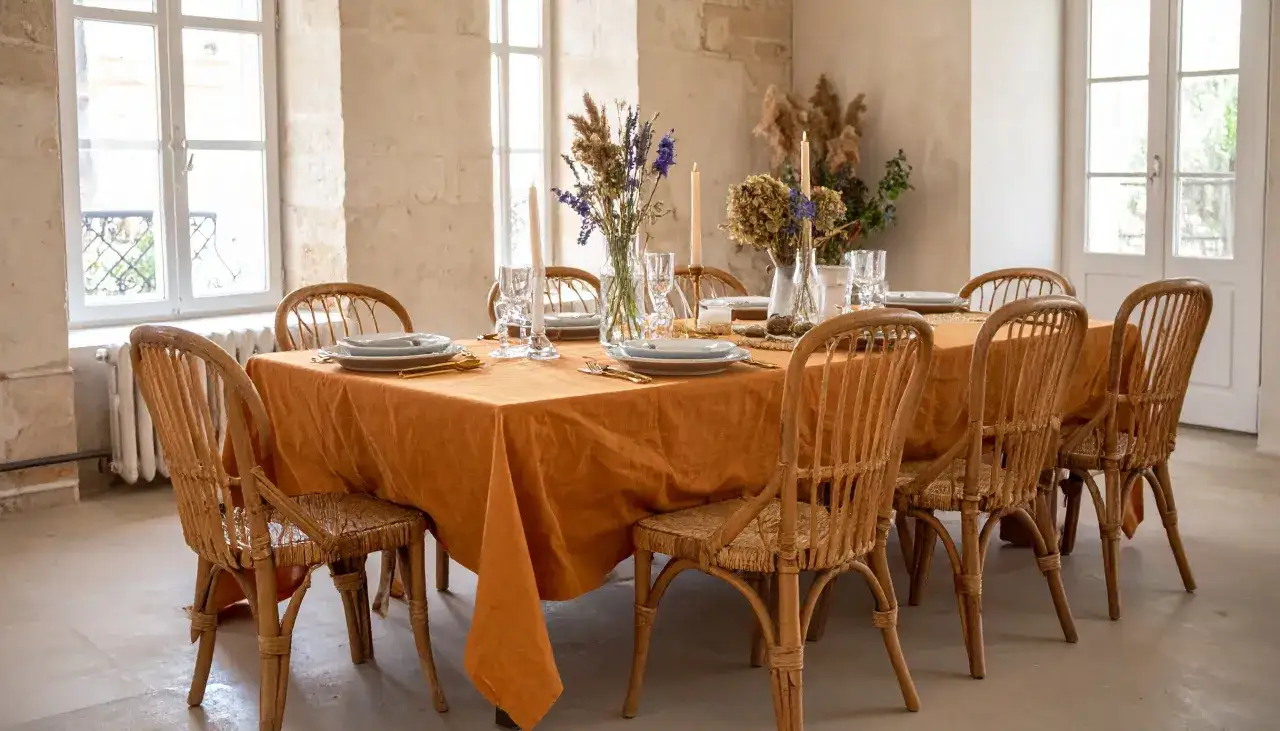 Mesa de comedor grande con mantel naranja, sillas de rat&aacute;n y centros de mesa florales. Ideas para como decorar un comedor grande con estilo r&uacute;stico y elegante.