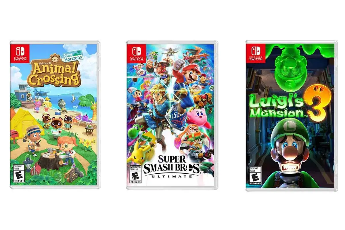 Okładki gier Animal Crossing, Super Smash Bros. Ultimate i Luigi's Mansion 3 – to najlepsze gry na Switch, które zapewnią godziny zabawy.