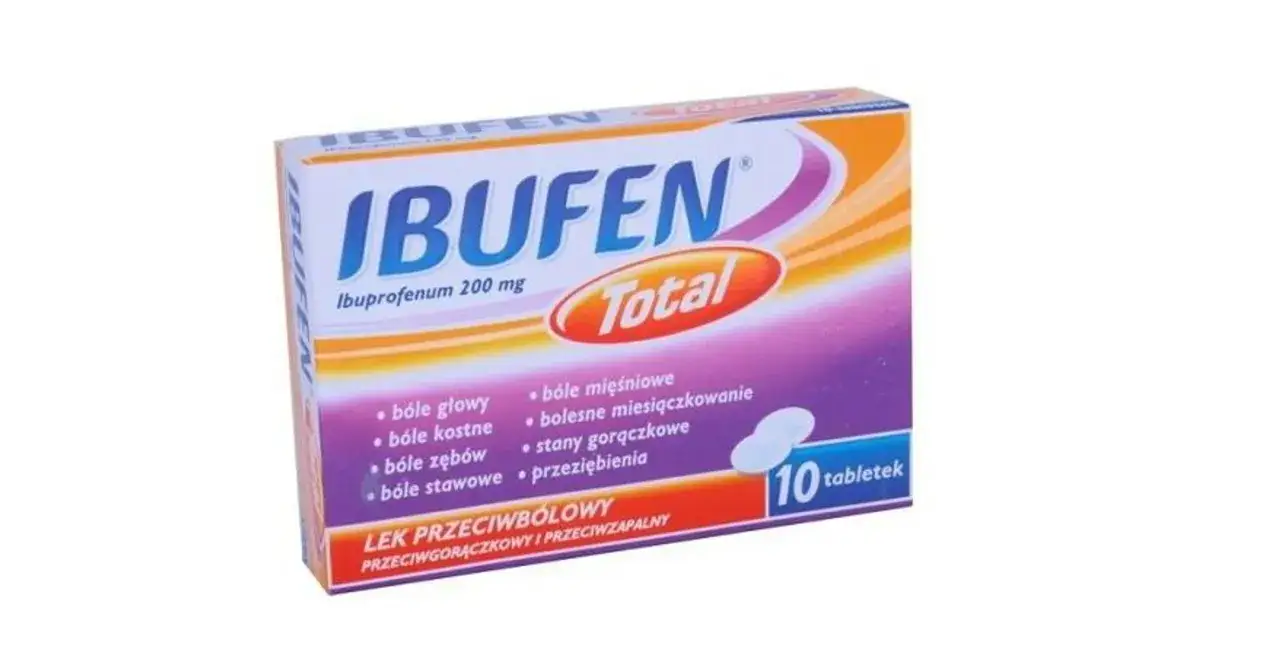 Opakowanie leku Ibufen Total 200 mg, wskazane na bóle głowy, mięśniowe, stawowe, zębów, gorączkę, przeziębienie. Informacja o ibuprofen dawkowanie na opakowaniu.