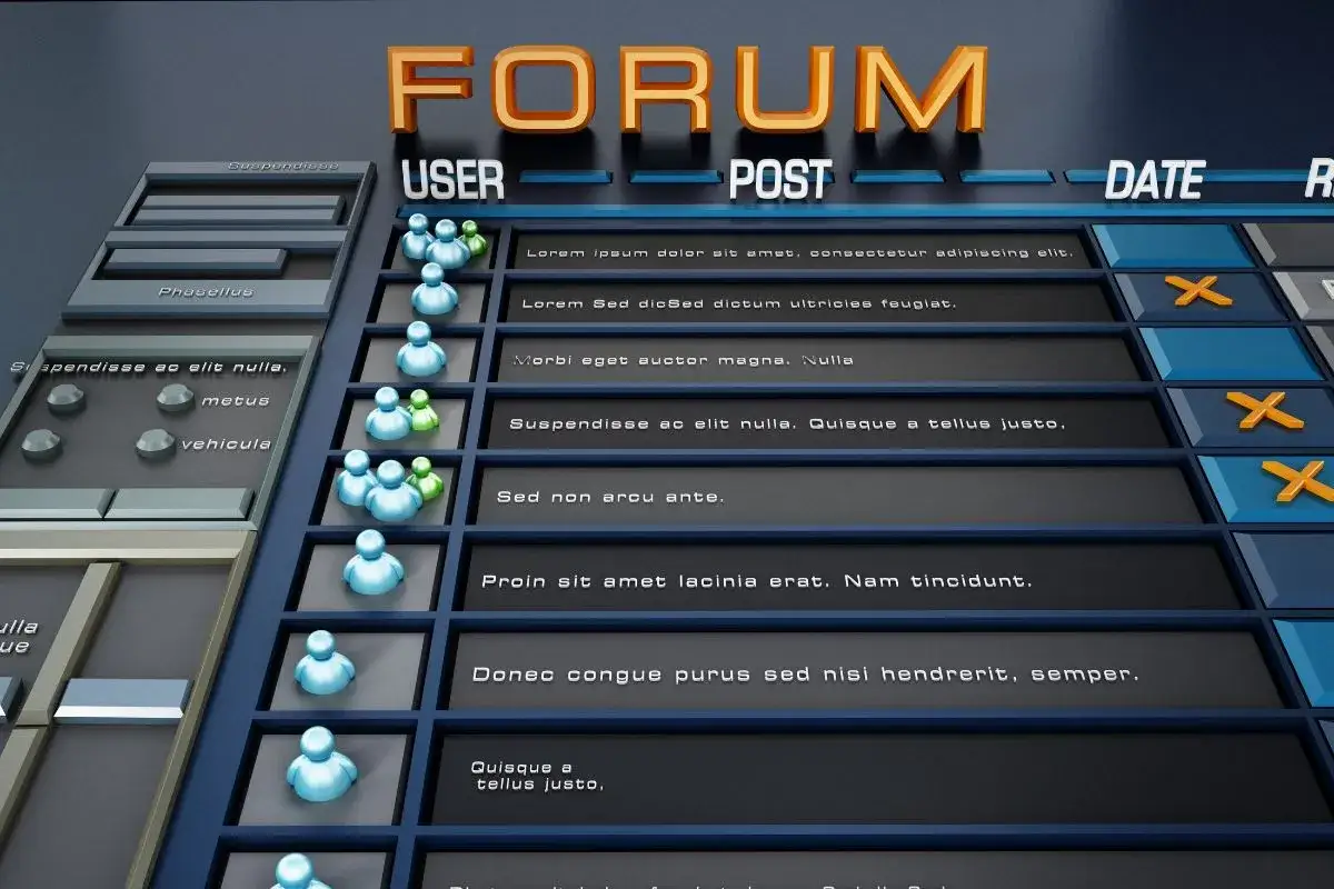 Tabela forum z użytkownikami i ich komentarzami. Widoczne ikony użytkowników i tekst postów.