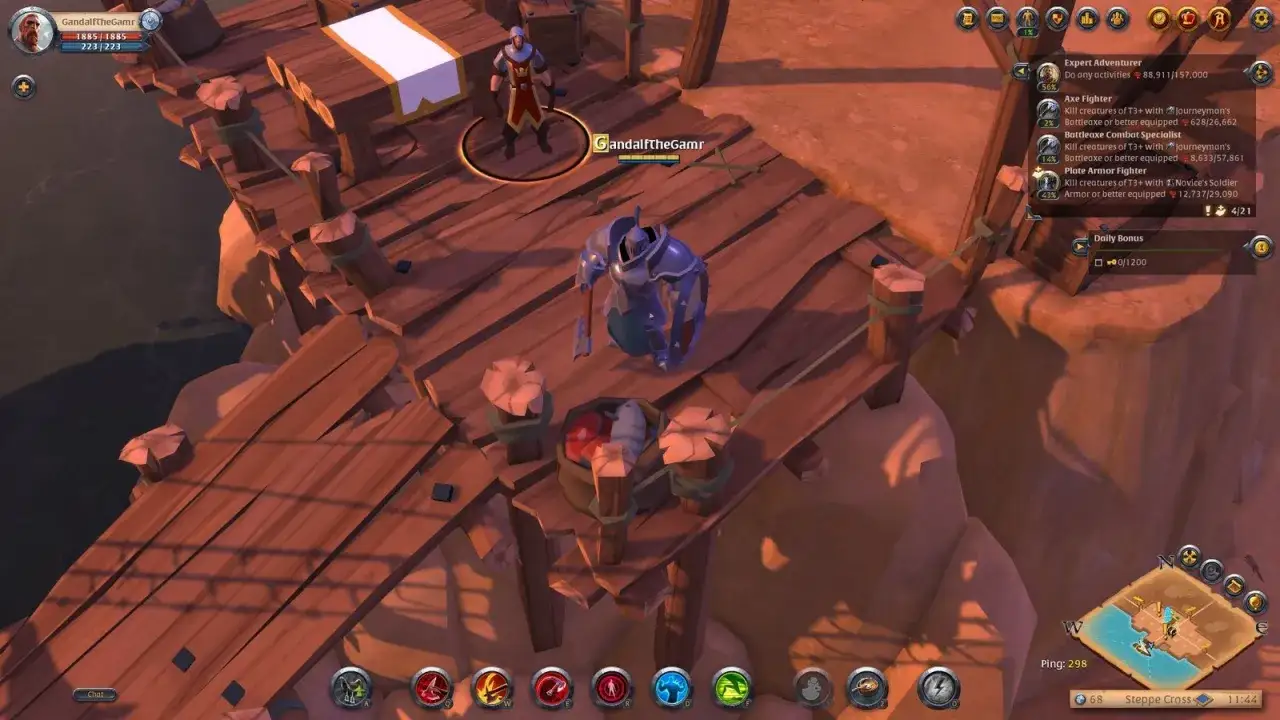 Gracz w zbroi w grze RPG, idealnej do gry multiplayer na telefon. W tle inny gracz i elementy interfejsu.