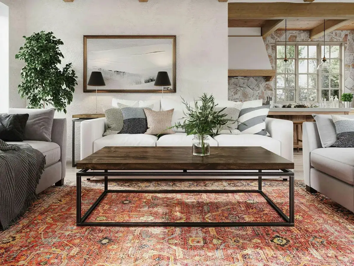 A rustic coffee table size piece anchors a living room with a white sofa, patterned rug, and a large plant.