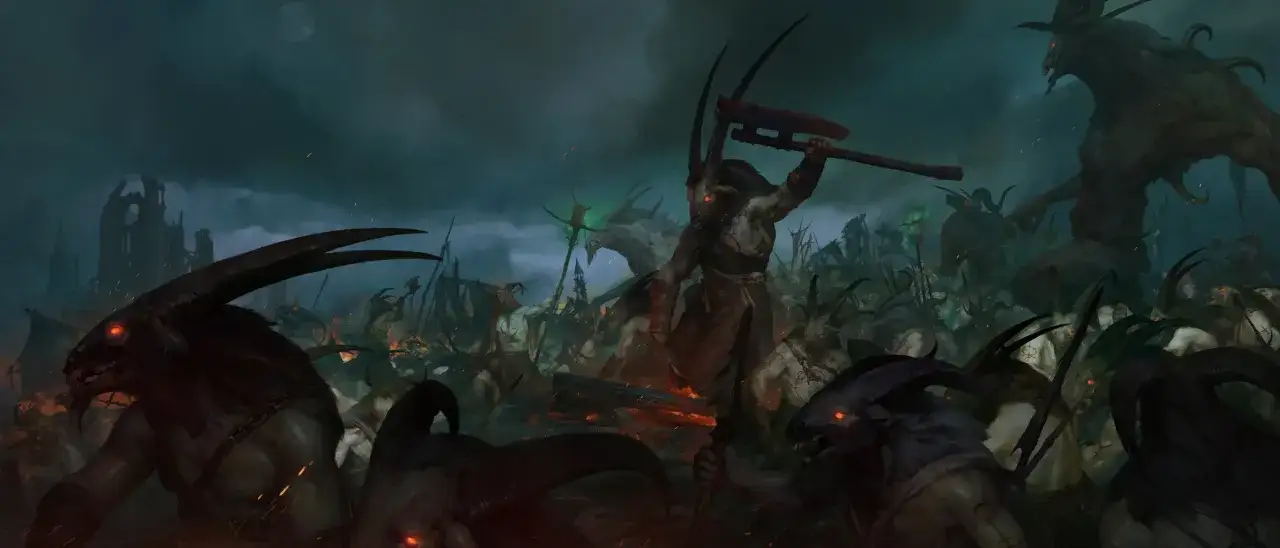 Horda demonów z rogami i czerwonymi oczami, przypominająca te z **Diablo 5**, szturmuje ruiny. Jeden z nich unosi topór.