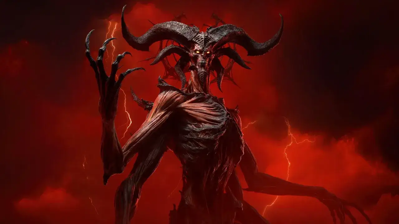 Diablo 4 dodatek: przerażający demon z rogami i pazurami na tle czerwonego nieba z błyskawicami.