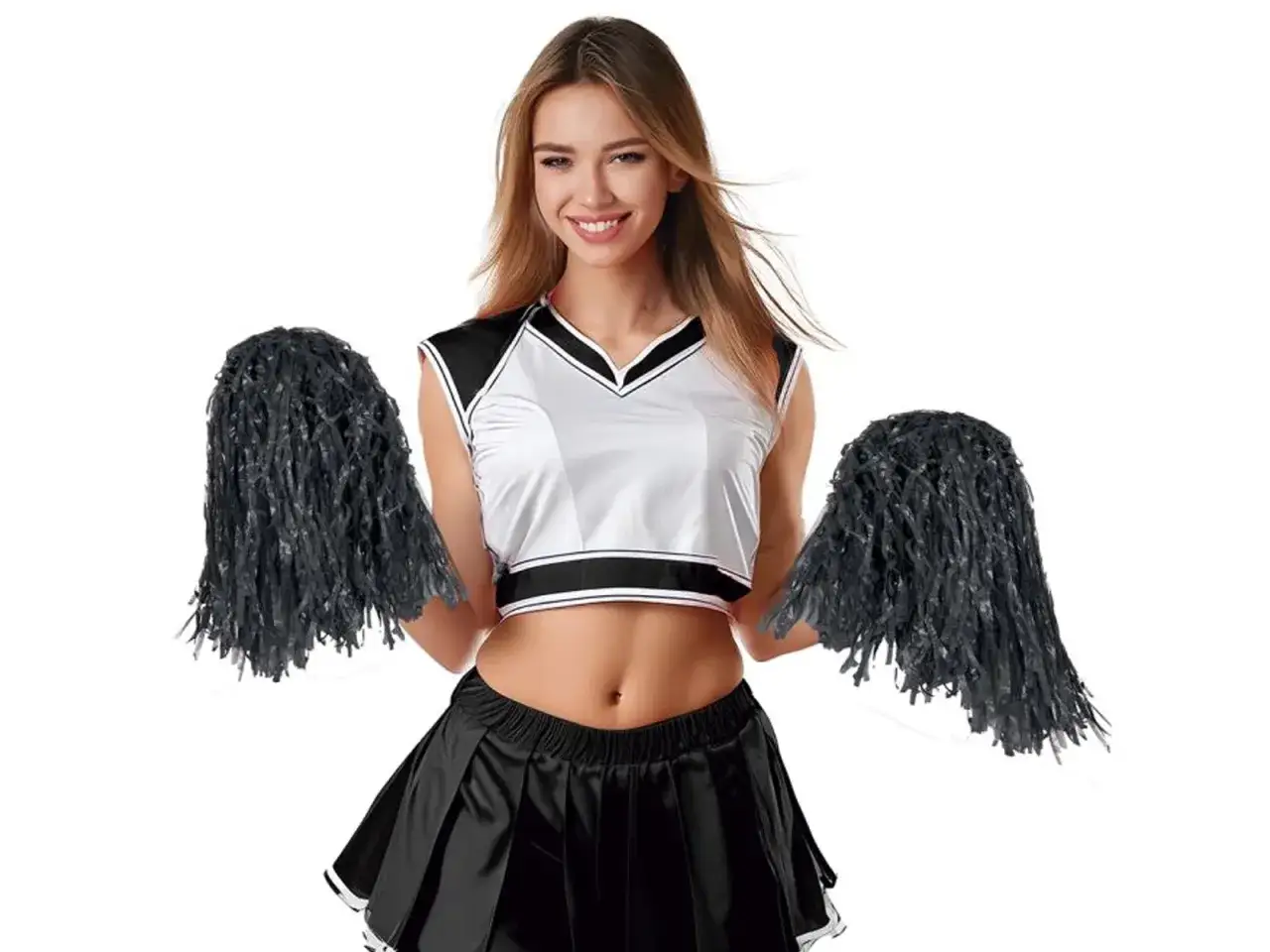 Uśmiechnięta cheerleaderka w czarno-białym stroju trzyma w dłoniach dwa puszyste, czarne pompony, gotowa do kibicowania.