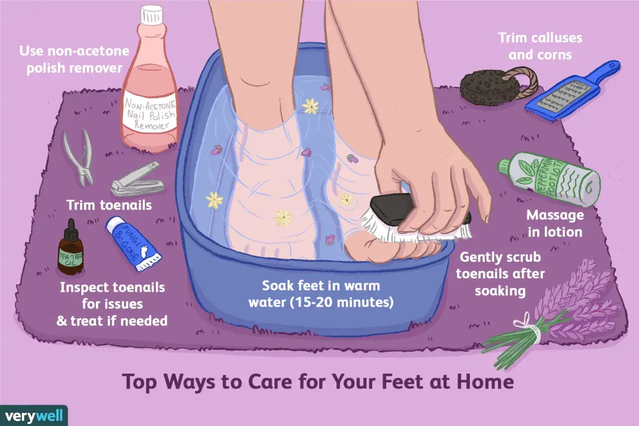 En illustration visar steg för fotvård hemma: blötläggning, trimning av naglar och förhårdnader, samt insmörjning med lotion.