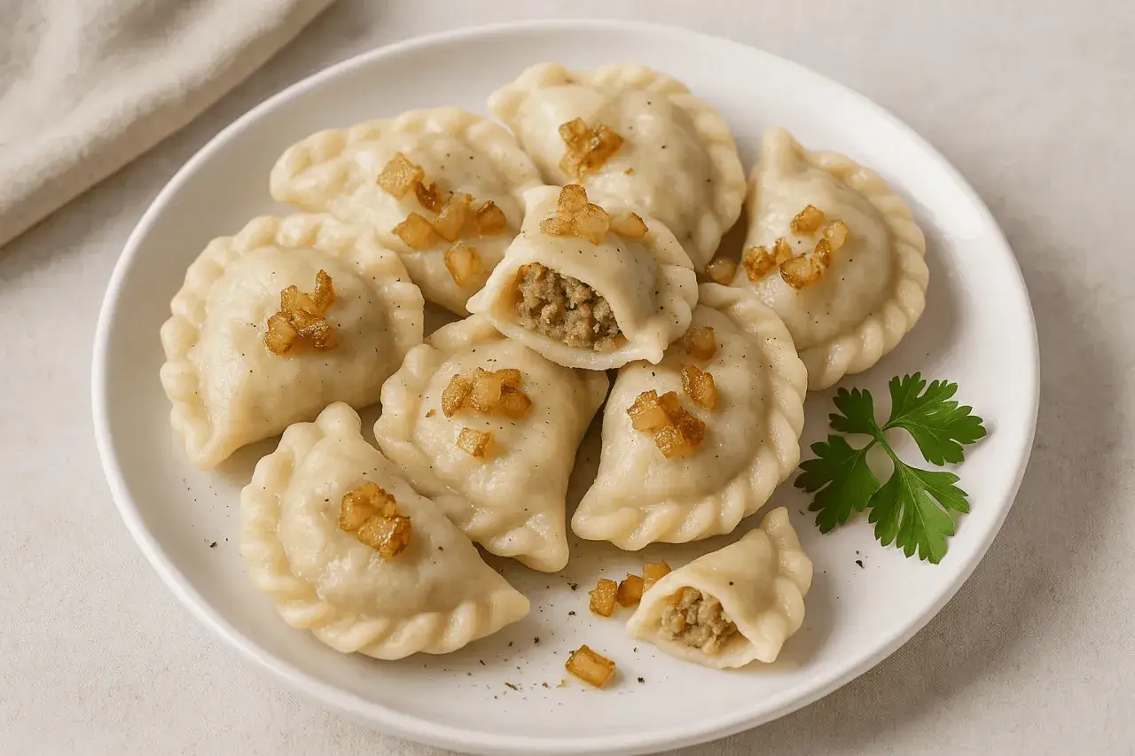 Pyszne pierogi z mięsem, posypane skwarkami i świeżą natką pietruszki, kuszą swoim domowym wyglądem.