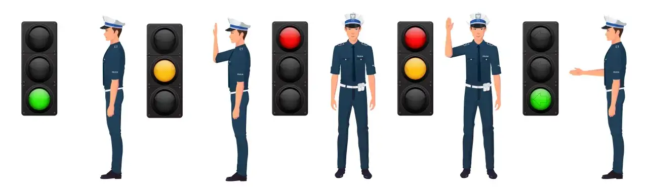 Policjant kieruje ruchem, pokazując sygnały zielone, ż&oacute;łte i czerwone. Obok niego znajdują się sygnalizatory świetlne.