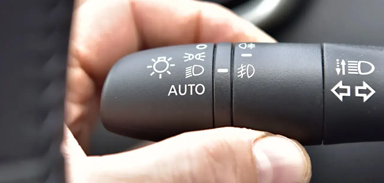 Przełącznik świateł z napisem AUTO. Ustawienie go na AUTO włączy światła do jazdy dziennej, gdy zajdzie taka potrzeba.