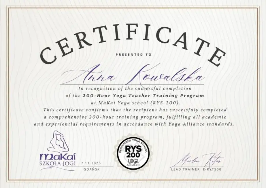 certyfikat Yoga Alliance RYT 200