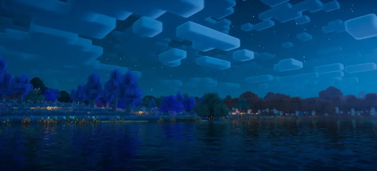 Nocny krajobraz z niebieskimi drzewami i wodą, chmury jak z bajki. Efekty beyond belief shaders.