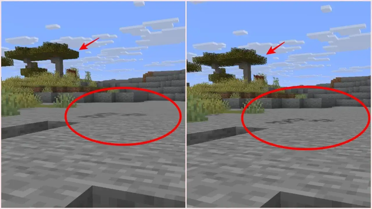 Porównanie cieni na płaskim terenie w grze Minecraft. Po lewej, bez filtrowania anizotropowego, cień jest rozmyty. Po prawej, z filtrowaniem anizotropowym, cień jest ostrzejszy.