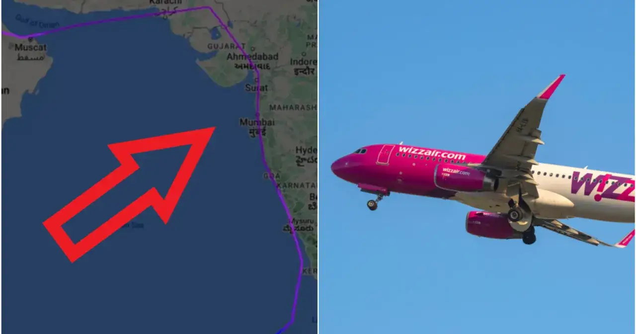Mapa lotu z Indii na Malediwy i różowy samolot Wizz Air. Zastanawiasz się, ile trwa lot na Malediwy?