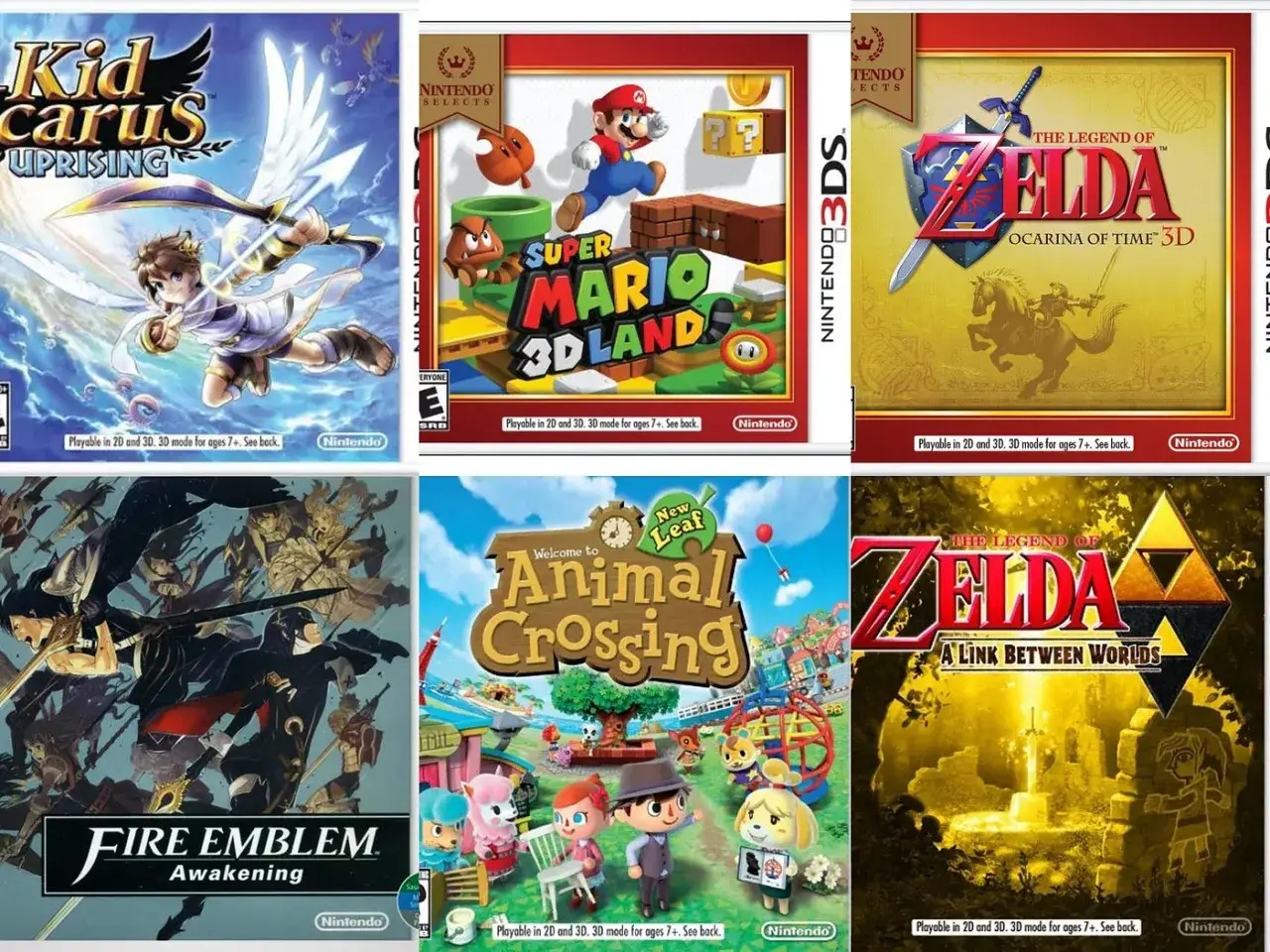 Cajas de los mejores juegos de 3DS: Kid Icarus Uprising, Super Mario 3D Land, Zelda Ocarina of Time 3D, Fire Emblem Awakening, Animal Crossing: New Leaf y Zelda A Link Between Worlds.