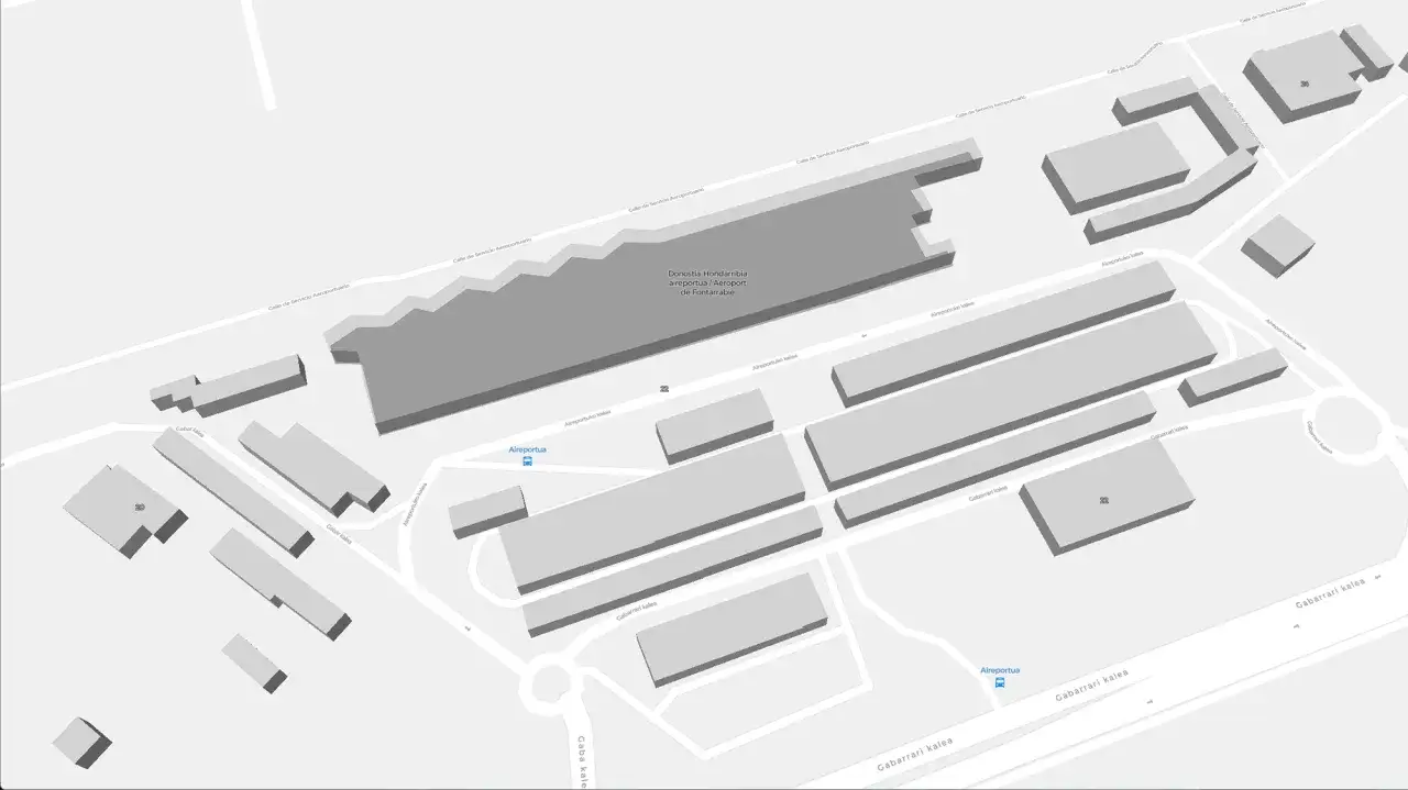 Map showing Donostia-Hondarribia airport, the closest airport to San Sebastian, with various buildings and roads labeled.