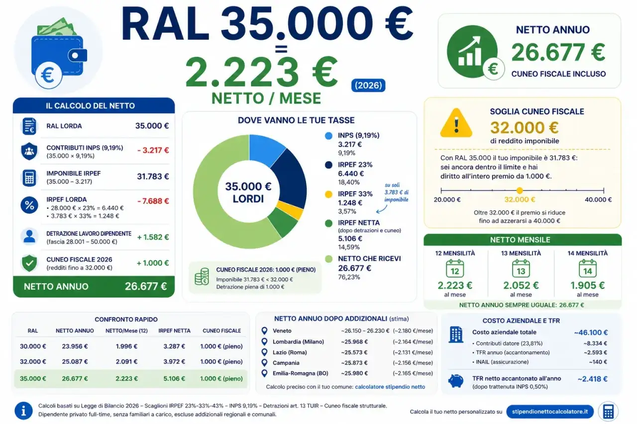 Tabella costo aziendale dipendente: RAL 35.000€ lordi equivalgono a 2.223€ netti/mese. Dettaglio tasse e cuneo fiscale incluso.