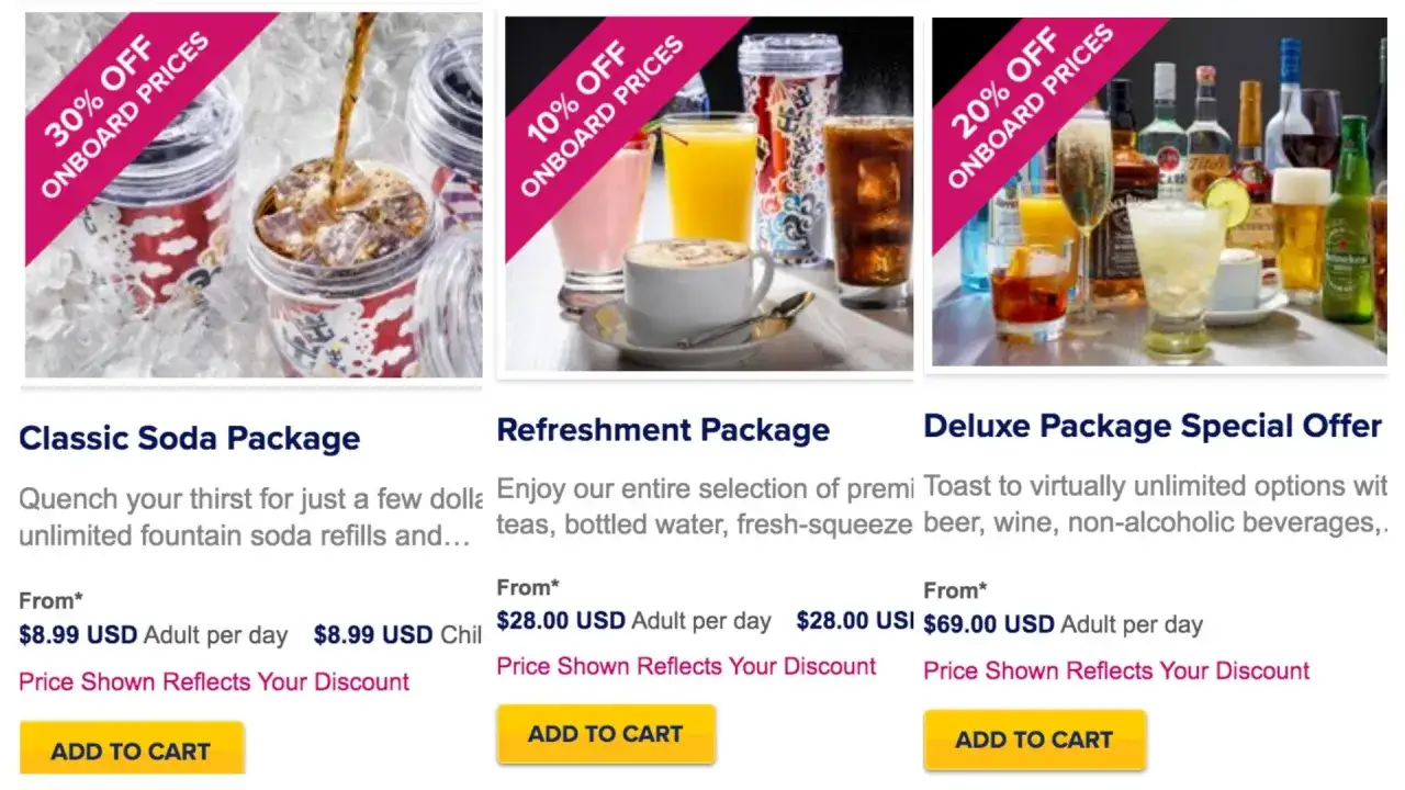 Pacchetti bevande Royal Caribbean: Classic Soda, Refreshment e Deluxe con sconti a bordo.