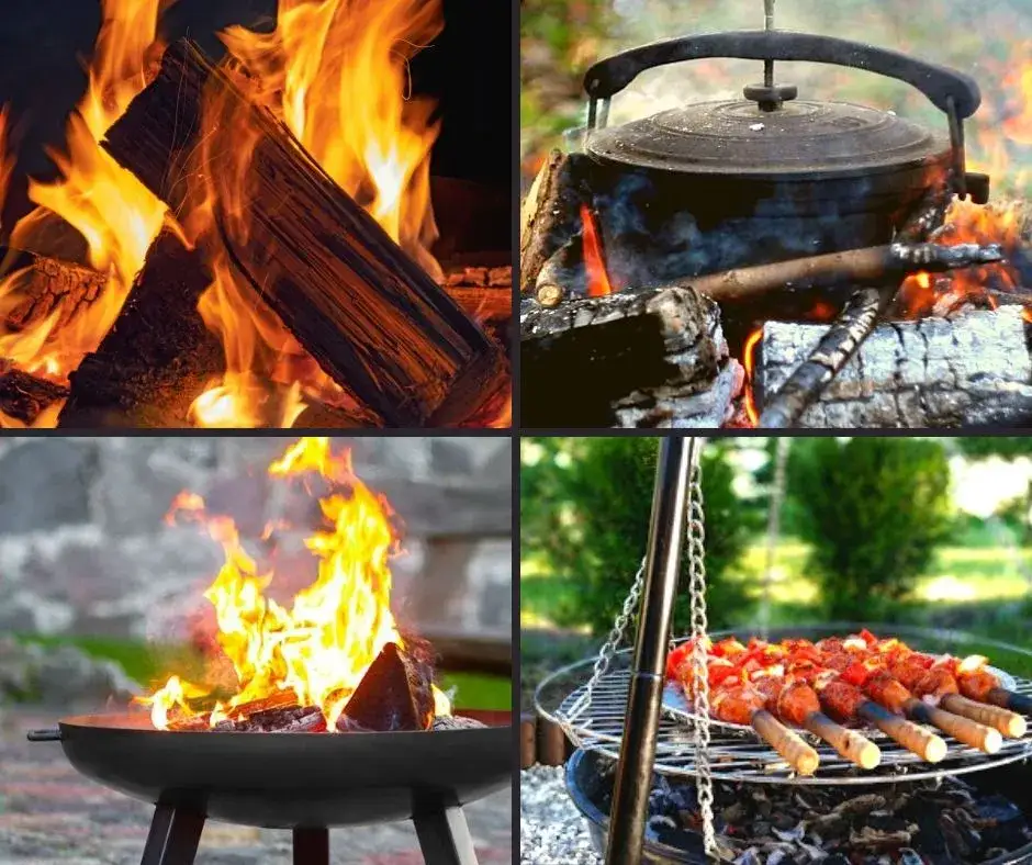 Żeliwny grill trójnóg nad ogniskiem z jedzeniem
