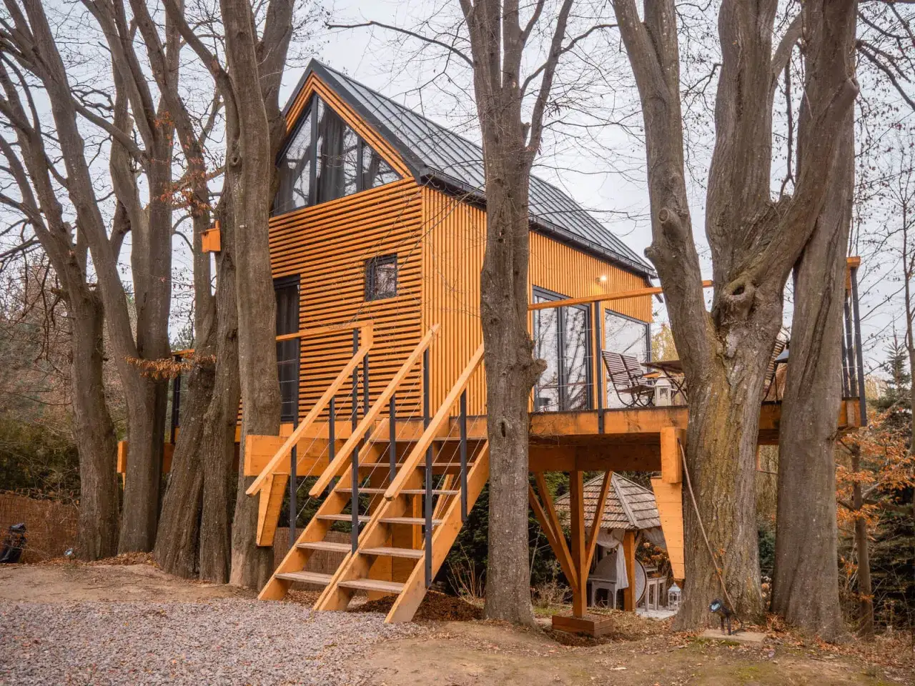 Nowoczesny tiny house w Polsce, otoczony drzewami, z drewnianą elewacją i dużymi oknami.