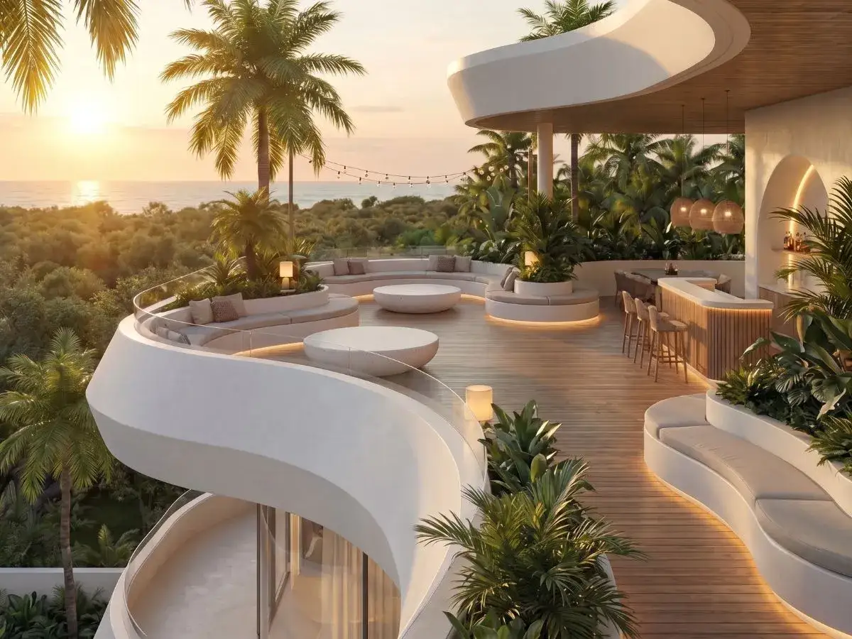 Terrazza con divani curvi e bar, immersa nel verde, con vista mare al tramonto. Un perfetto esempio di stile coastal moderno.