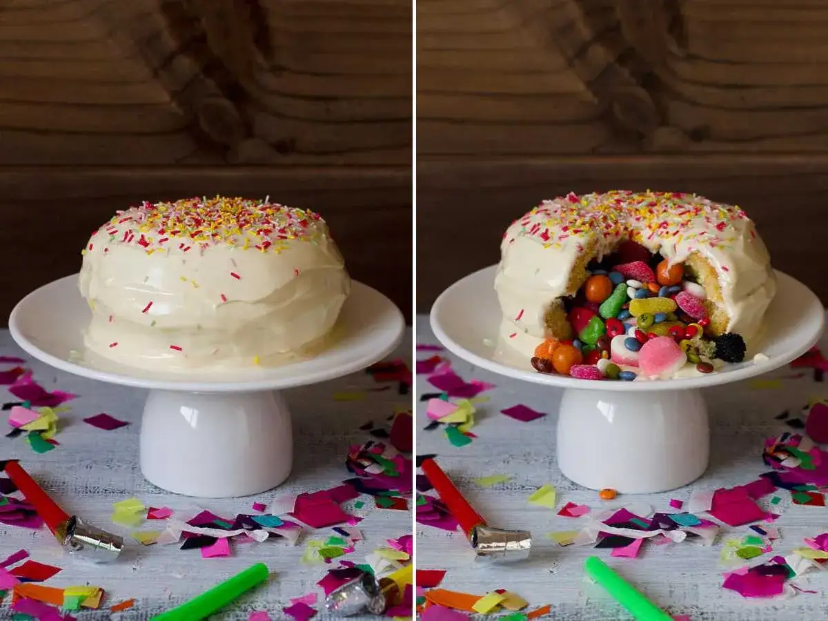 Pastel sorpresa con chispas de colores y relleno de chuches. ¡Tartas de chuches originales y fáciles para fiestas!