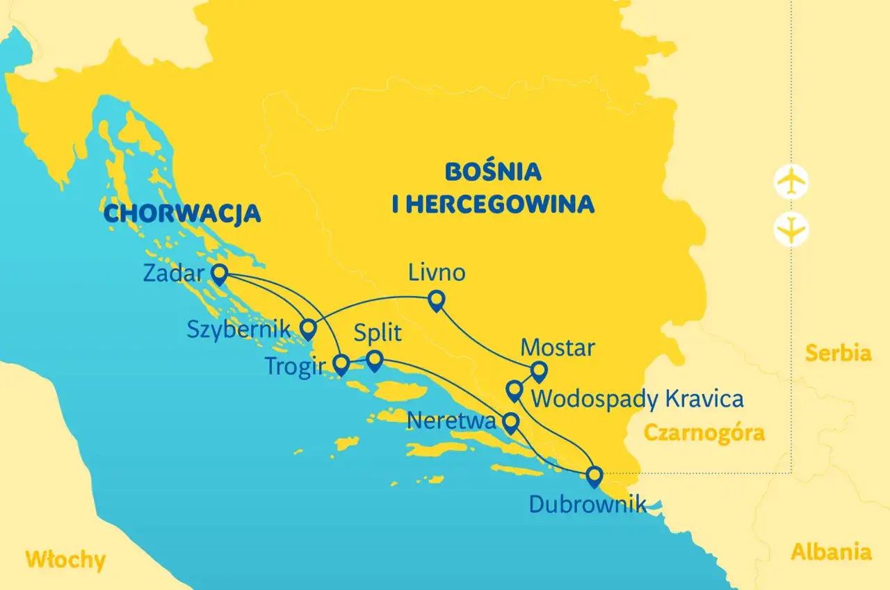 Trasa podróży: Chorwacja samolotem przez Zadara, Szybernik, Split, Trogir, Neretwę, Dubrownik, Mostar i Wodospady Kravica.