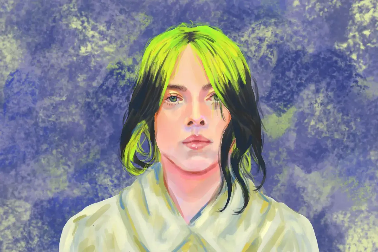 Digital m&aring;lning av Billie Eilish med sina karakt&auml;ristiska gr&ouml;na slingor i h&aring;ret. Hennes &aring;lder &auml;r sv&aring;r att avg&ouml;ra i denna konstn&auml;rliga tolkning.