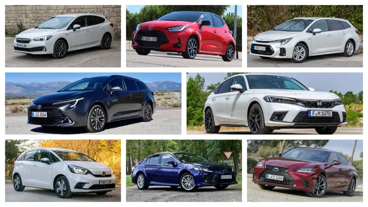 Variedad de coches h&iacute;bridos: Toyota Yaris, Corolla Touring Sports, Lexus ES, Honda Jazz, Civic, Subaru Impreza y Suzuki Swace. Opiniones sobre coches h&iacute;bridos.