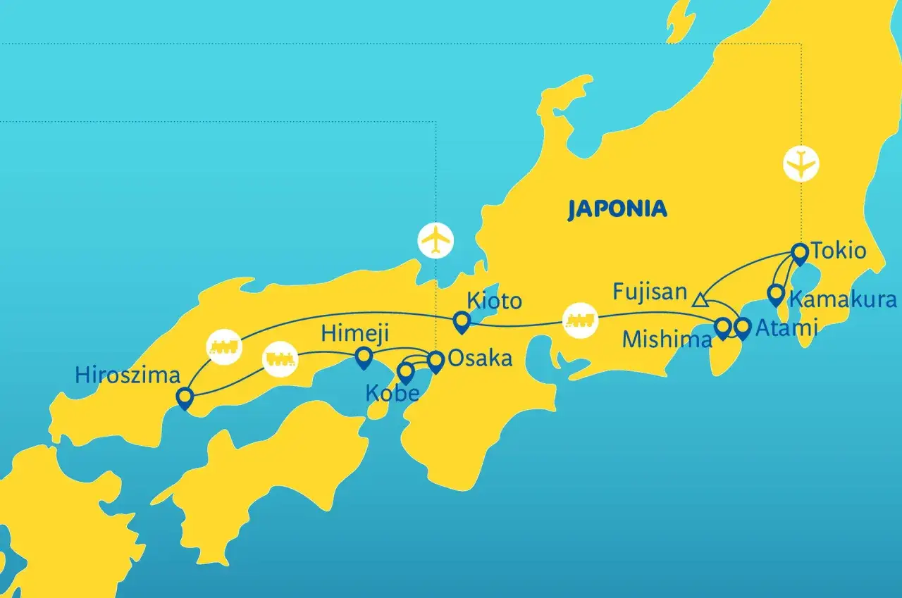 Mapa Japonii z zaznaczonymi miastami: Tokio, Kamakura, Atami, Mishima, Fujisan, Kioto, Osaka, Kobe, Himeji, Hiroszima. Idealna do planowania podróży i turystyki po Japonii.