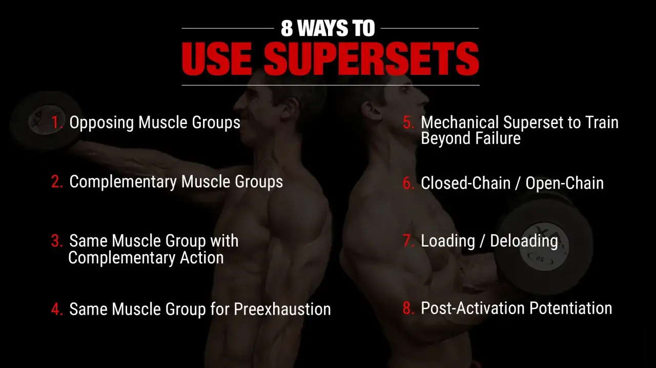 Två vältränade män visar 8 sätt att använda superset på gymmet. Texten listar olika superset-tekniker för effektiv träning.