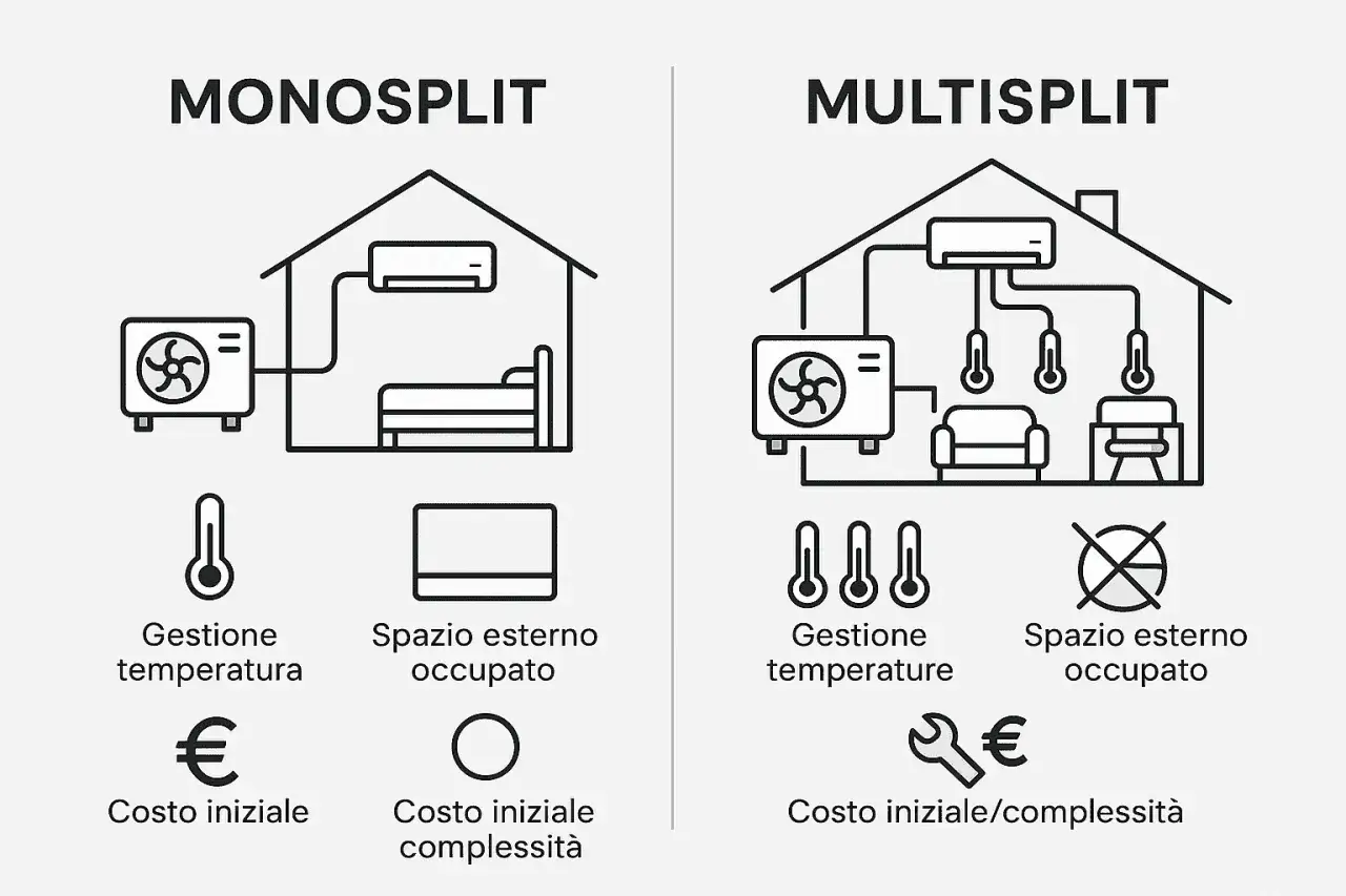 Confronto tra tipi di condizionatori: monosplit per una stanza, multisplit per pi&ugrave; stanze, con dettagli su gestione temperatura, spazio esterno e costi.
