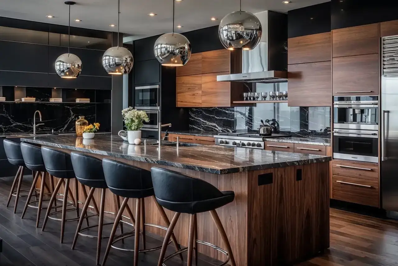 Cocina moderna con isla central, taburetes negros y electrodomésticos inteligentes integrados en gabinetes de madera oscura y mármol.