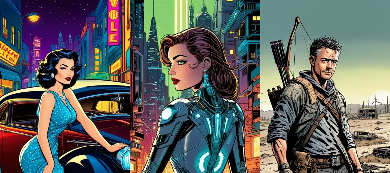 A vintage woman by a car, a futuristic woman in a cybernetic suit, and a post-apocalyptic archer, all rendered in a vibrant comic book art style.