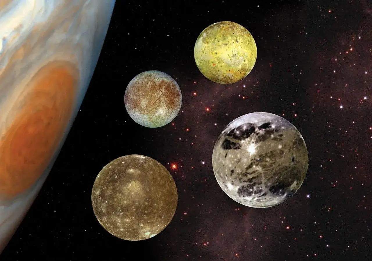 Júpiter y sus lunas galileanas, un descubrimiento clave en la biografía de Galileo Galilei.