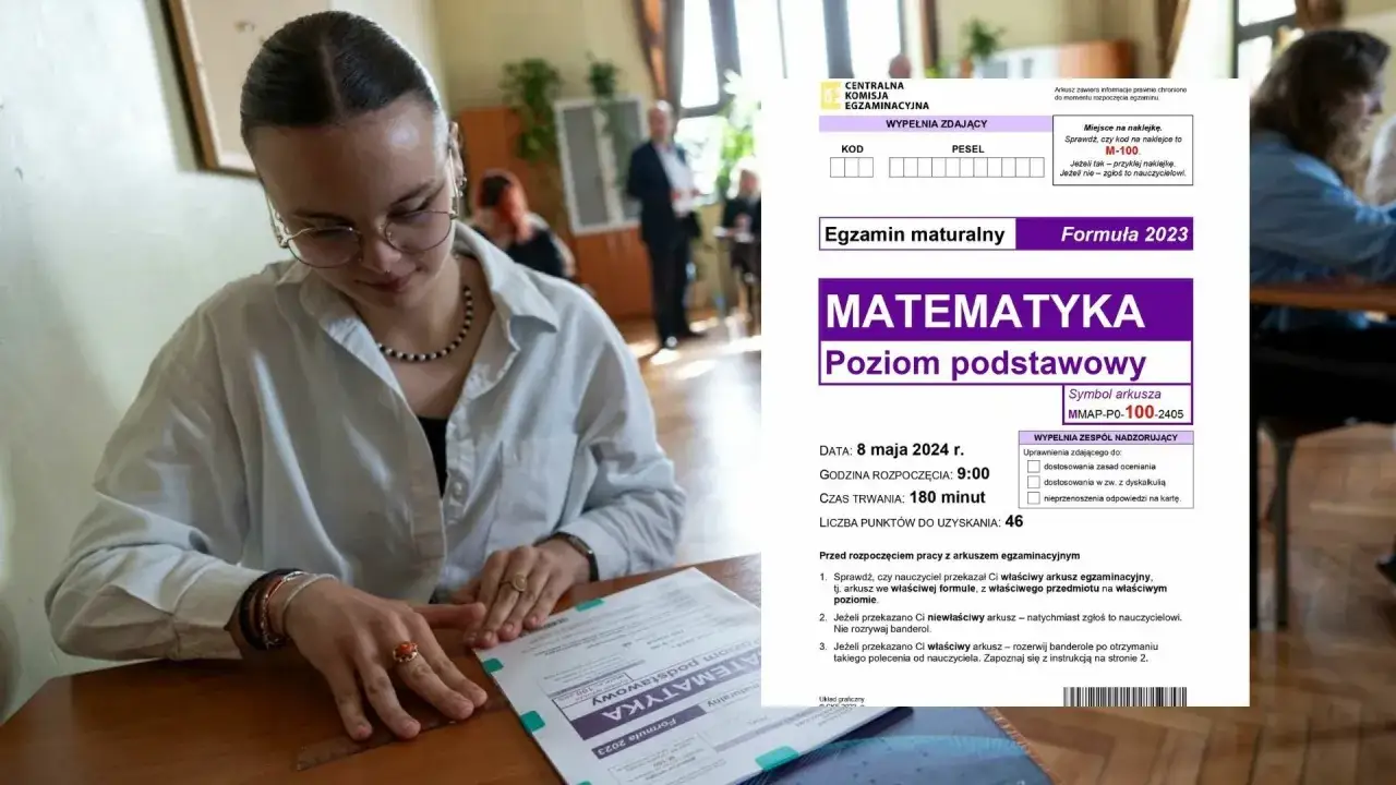 Dziewczyna z okularami pisze maturę z matematyki. Na arkuszu widać pole 