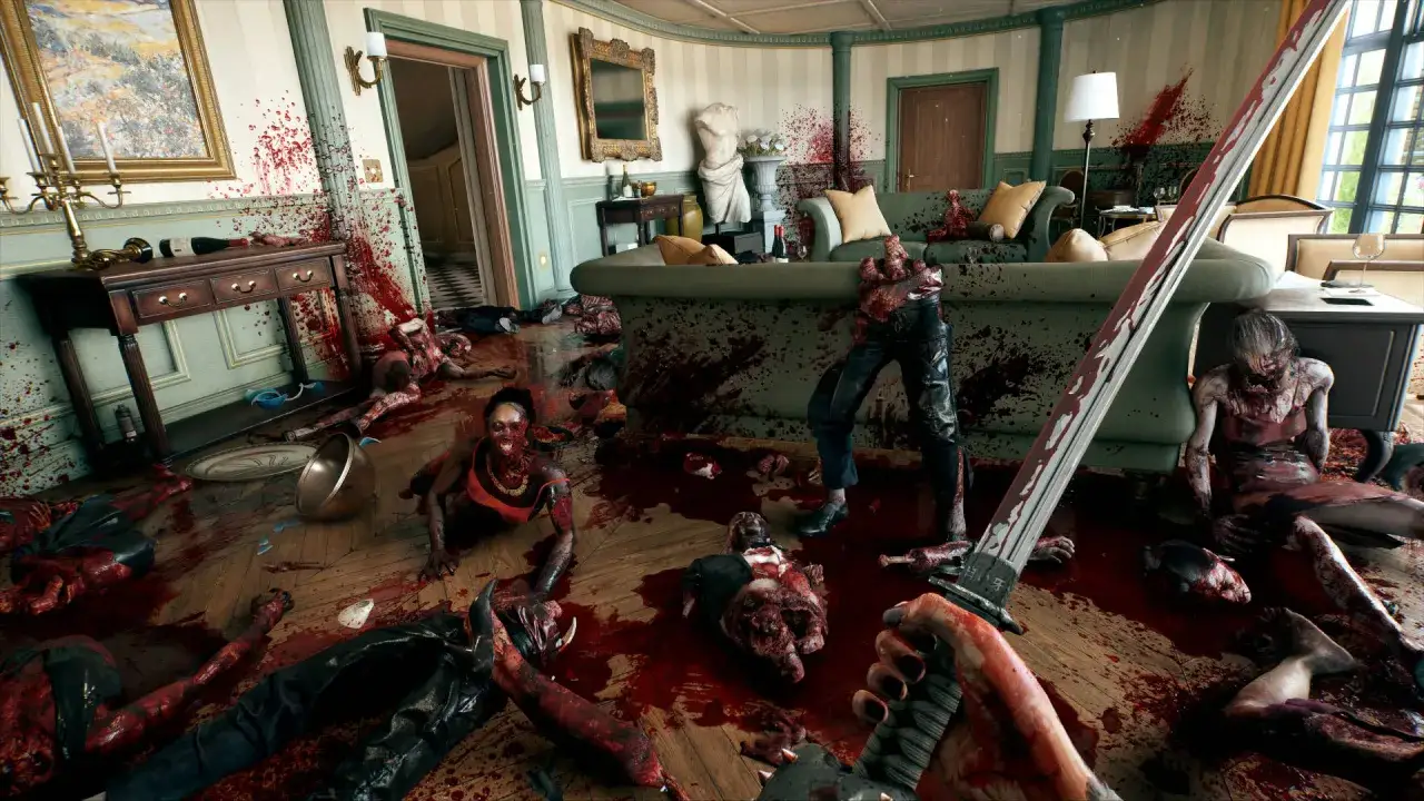 Krwawa jatka w rezydencji, idealna scena do poradnika Dead Island 2. Zombie leżą wszędzie, a miecz jest gotowy do akcji.