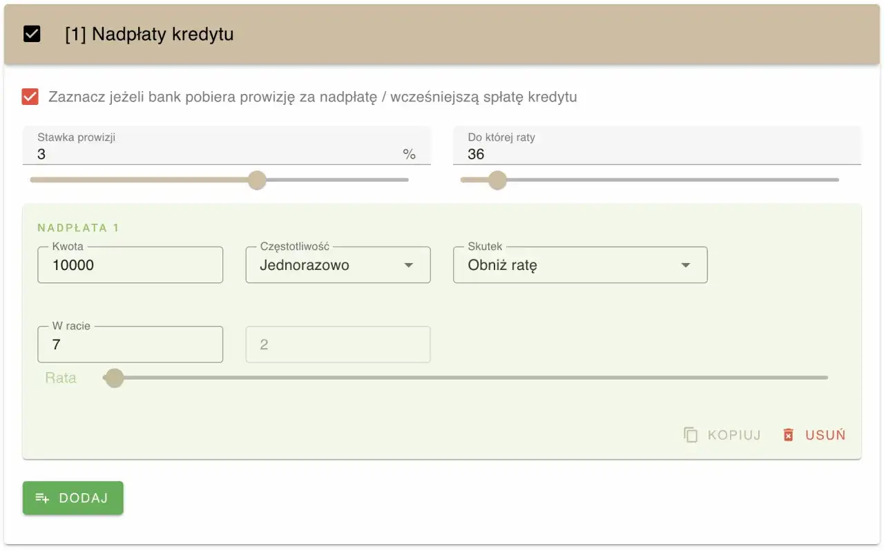Formularz nadpłaty kredytu hipotecznego: kwota 10000, jednorazowo, obniż ratę. Prowizja 3%.