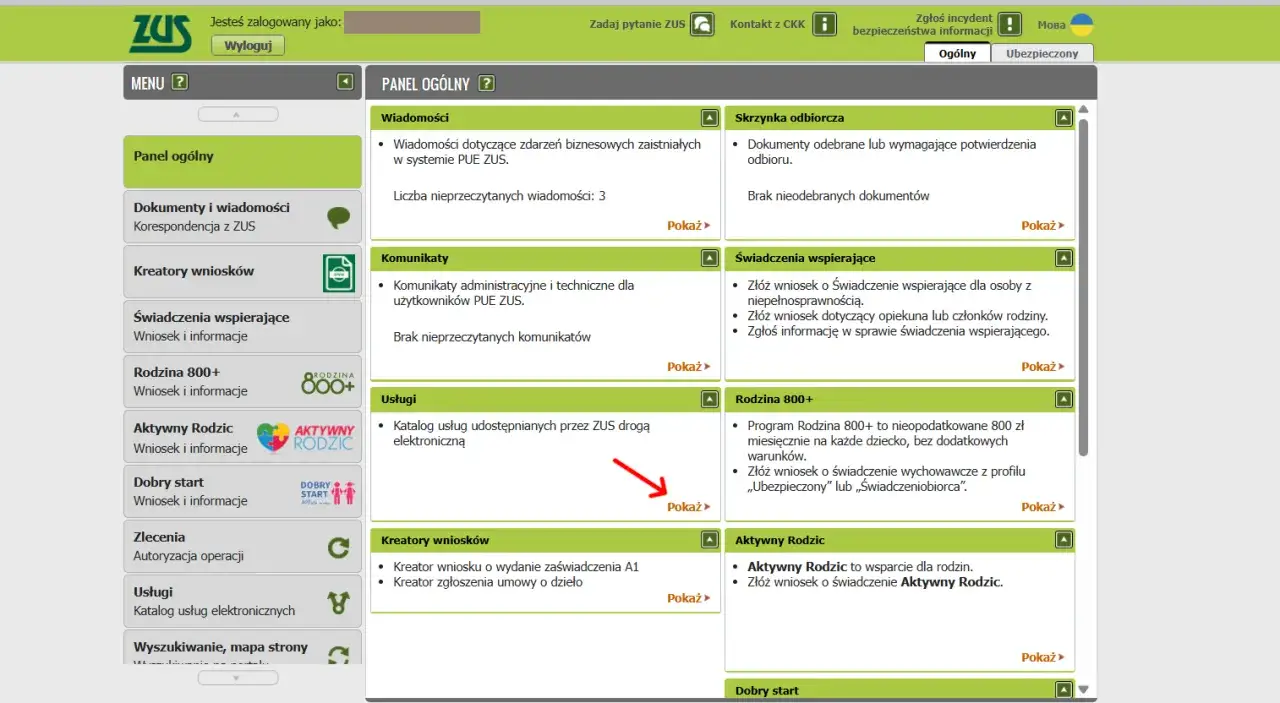 Panel ogólny ZUS, gdzie można znaleźć informacje o świadczeniach, komunikaty i usługi. Dostępne są kreatory wniosków, np. o świadczenia wspierające, Rodzina 800+ czy Aktywny Rodzic.