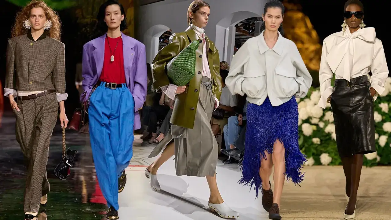 Vårmode 2026 dam: modeller visar upp trendiga outfits med vida byxor, läderkjol och färgstarka accessoarer.
