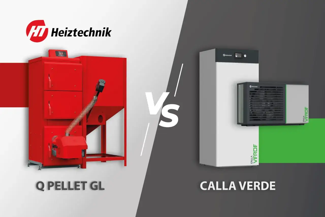 Porównanie: czerwony piec na pellet Q PELLET GL kontra biała pompa ciepła Calla Verde.