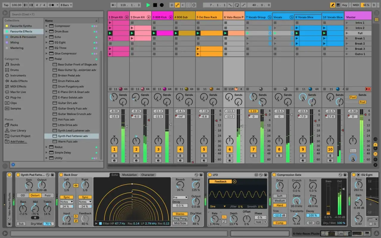 Ableton Live-Projekt mit vielen Spuren, darunter 