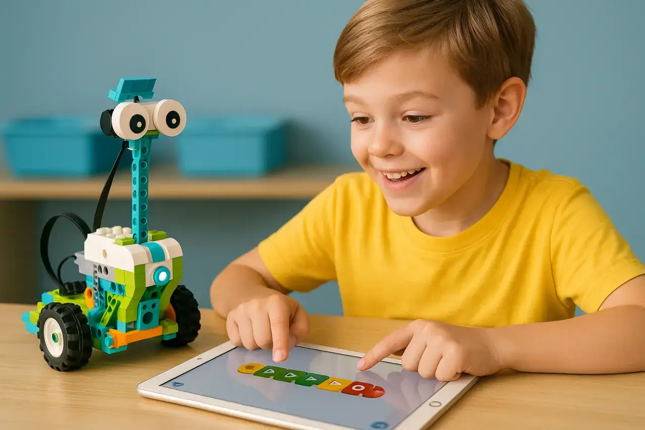 Dzieci programujące robota na tablecie