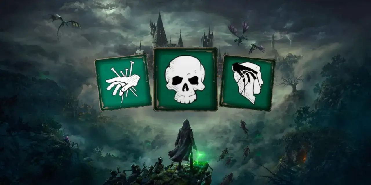 Hogwarts Legacy: trzy symbole zaklęć niewybaczalnych - Cruciatus, Imperio i Avada Kedavra - na tle mrocznego zamku i smoków.