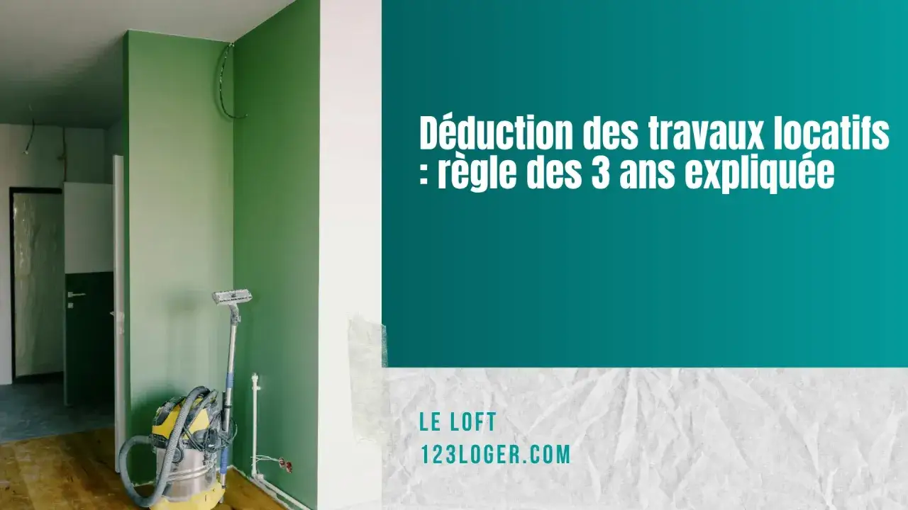 Appartement en travaux avec aspirateur et rouleau. Le texte indique 